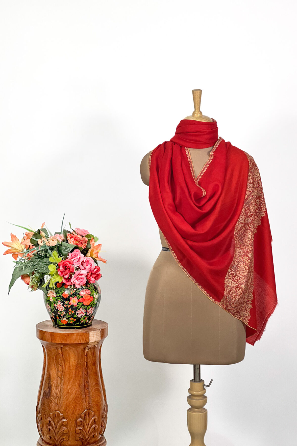 Red Pure Pashmina Sozni Palla Hand Embroidered Stole
