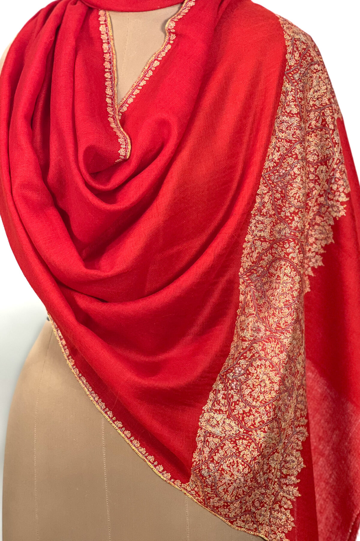 Red Pure Pashmina Sozni Palla Hand Embroidered Stole