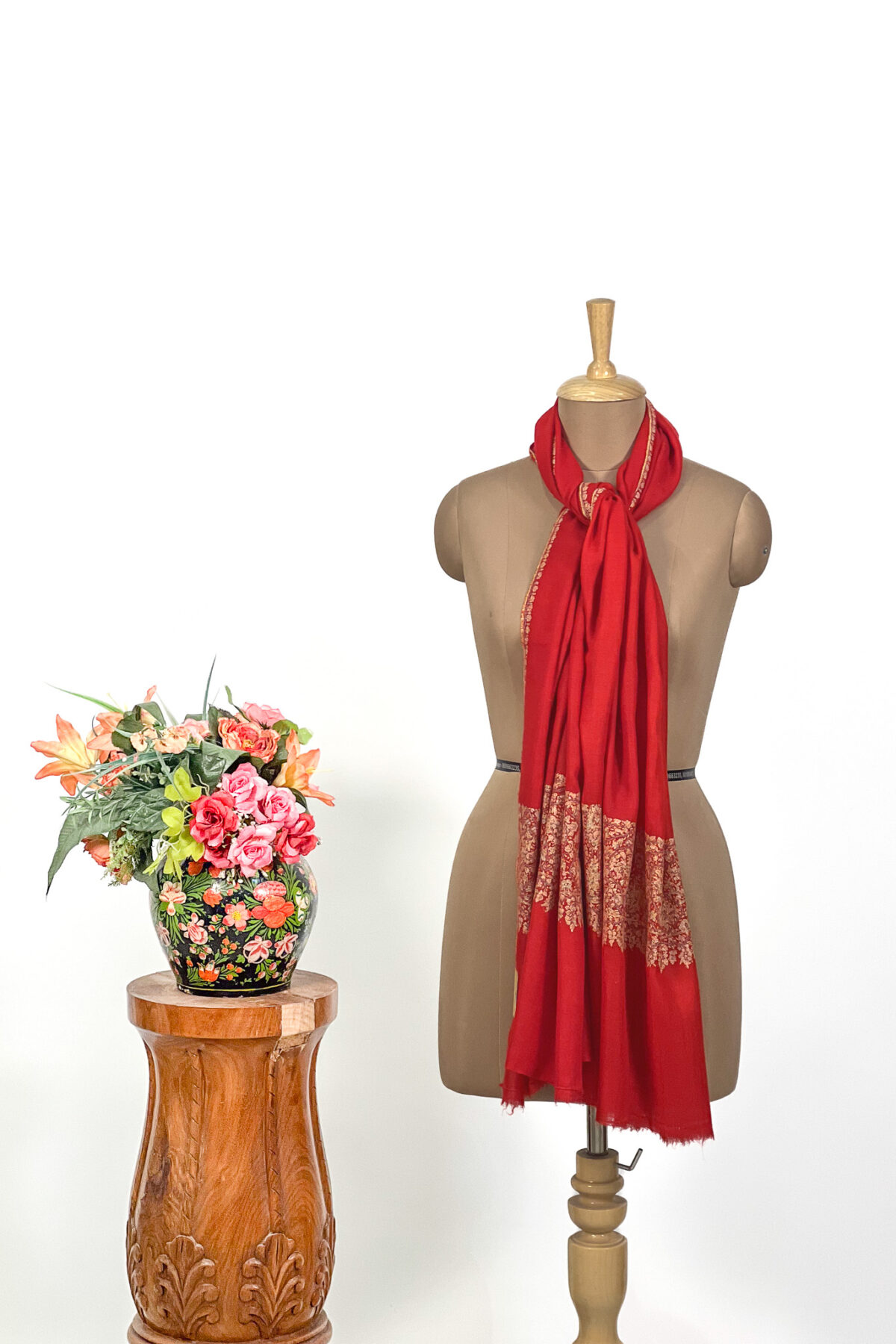 Red Pure Pashmina Sozni Palla Hand Embroidered Stole