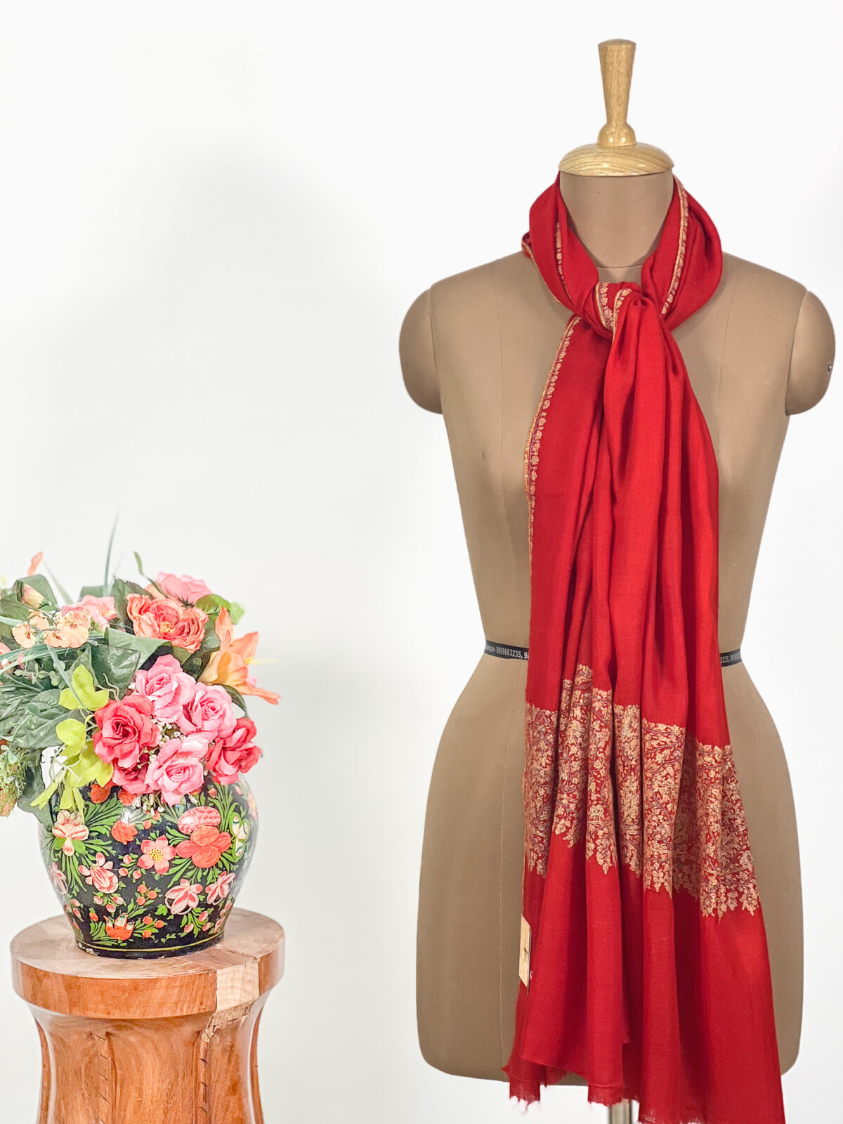 Red Pure Pashmina Sozni Palla Hand Embroidered Stole