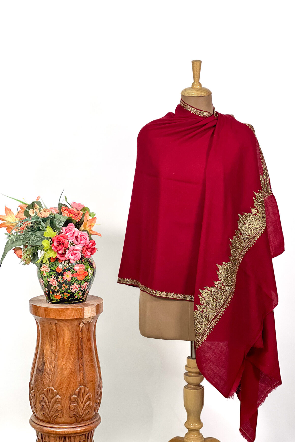 Red Pure Pashmina Tilla Hand Embroidered Stole