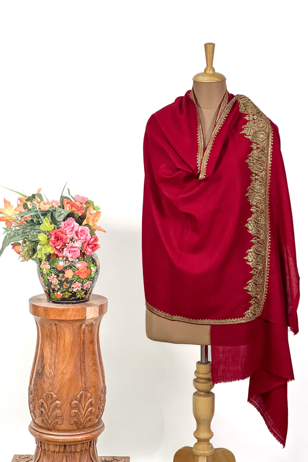 Red Pure Pashmina Tilla Hand Embroidered Stole