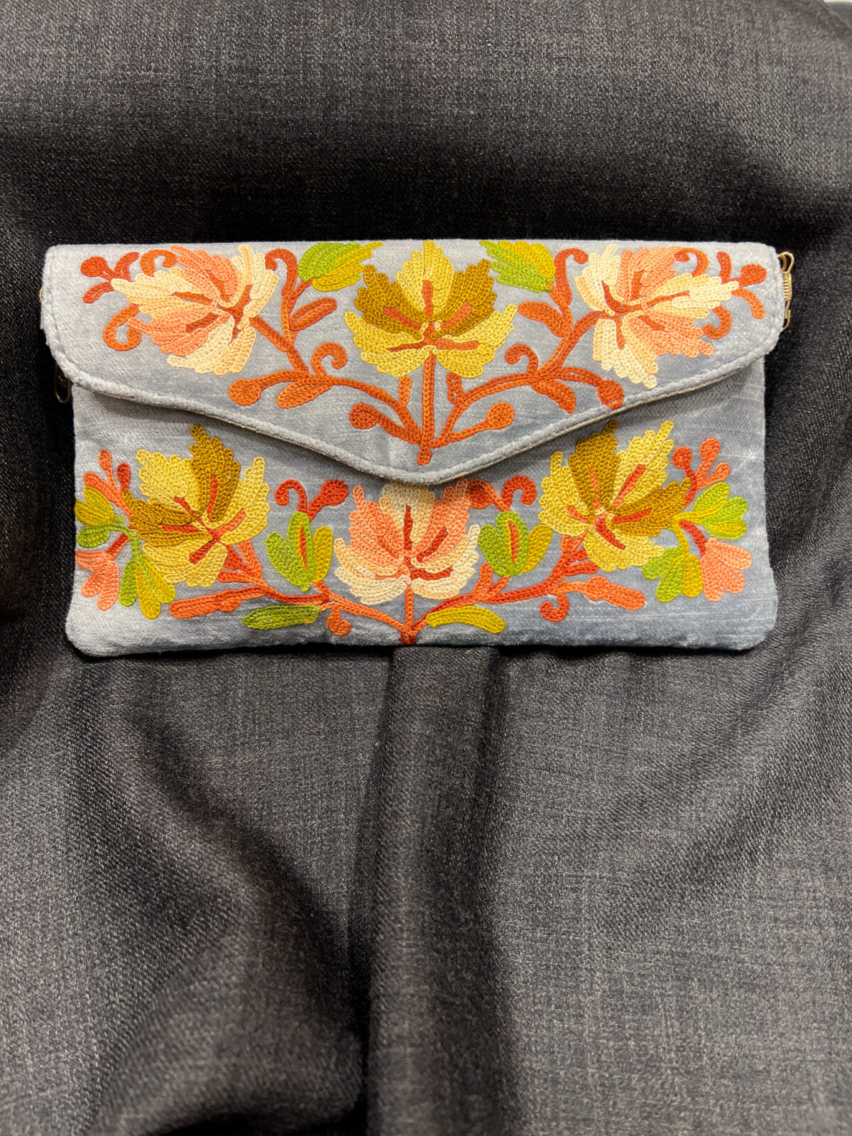 Powder Blue Kashmiri Velvet Aari Embroidered Clutch Bag