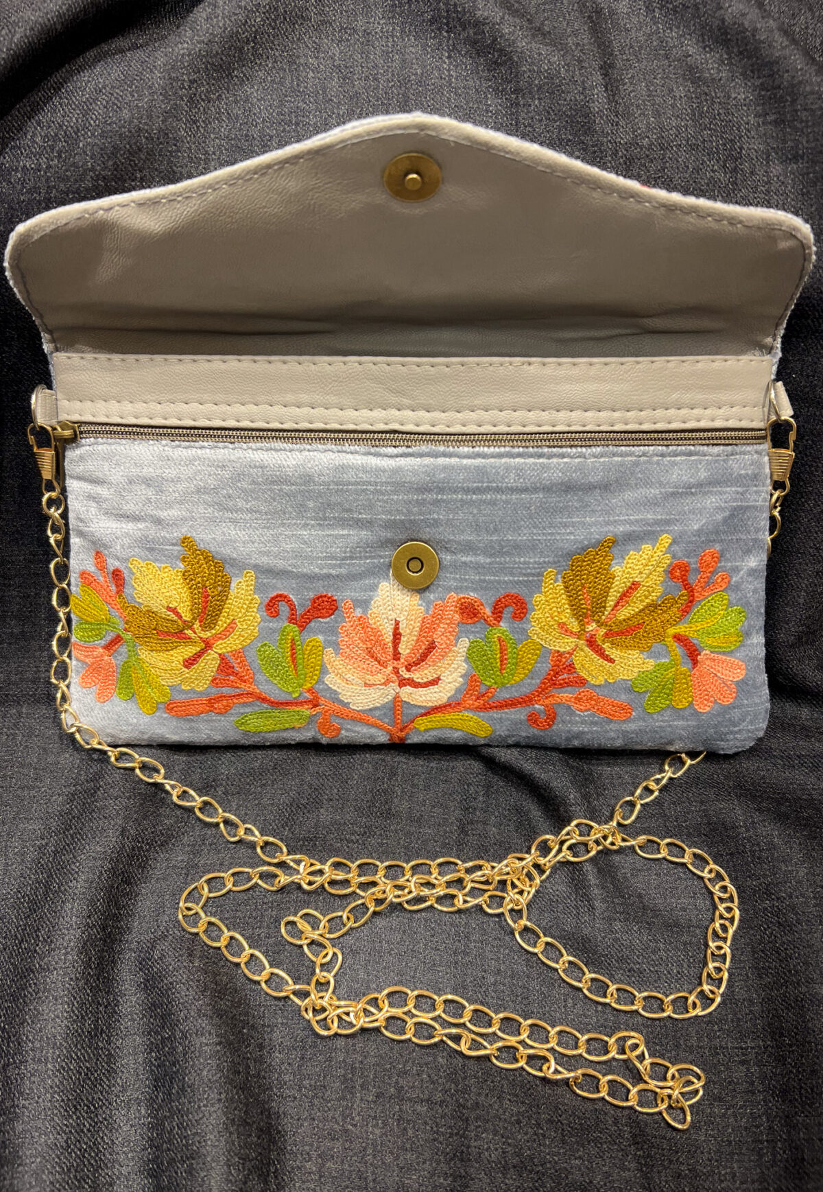 Powder Blue Kashmiri Velvet Aari Embroidered Clutch Bag