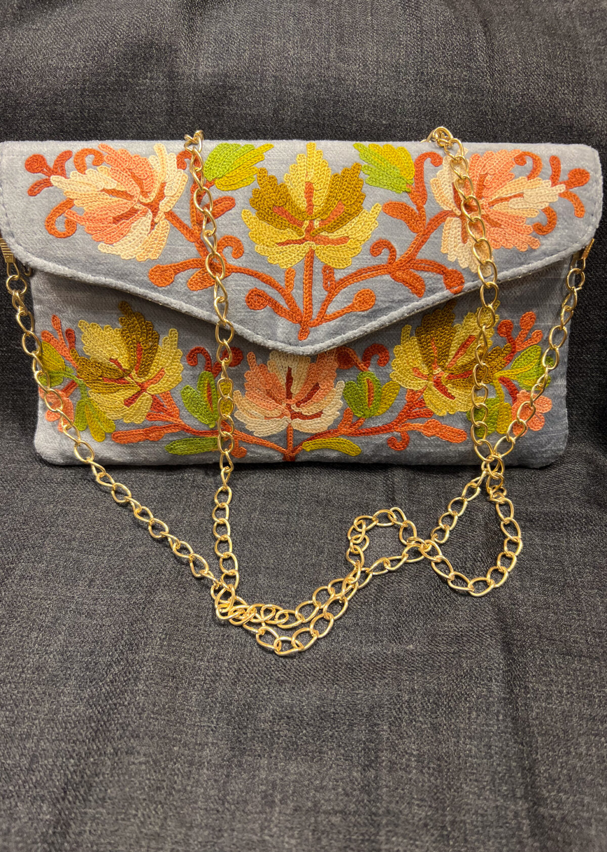 Powder Blue Kashmiri Velvet Aari Embroidered Clutch Bag