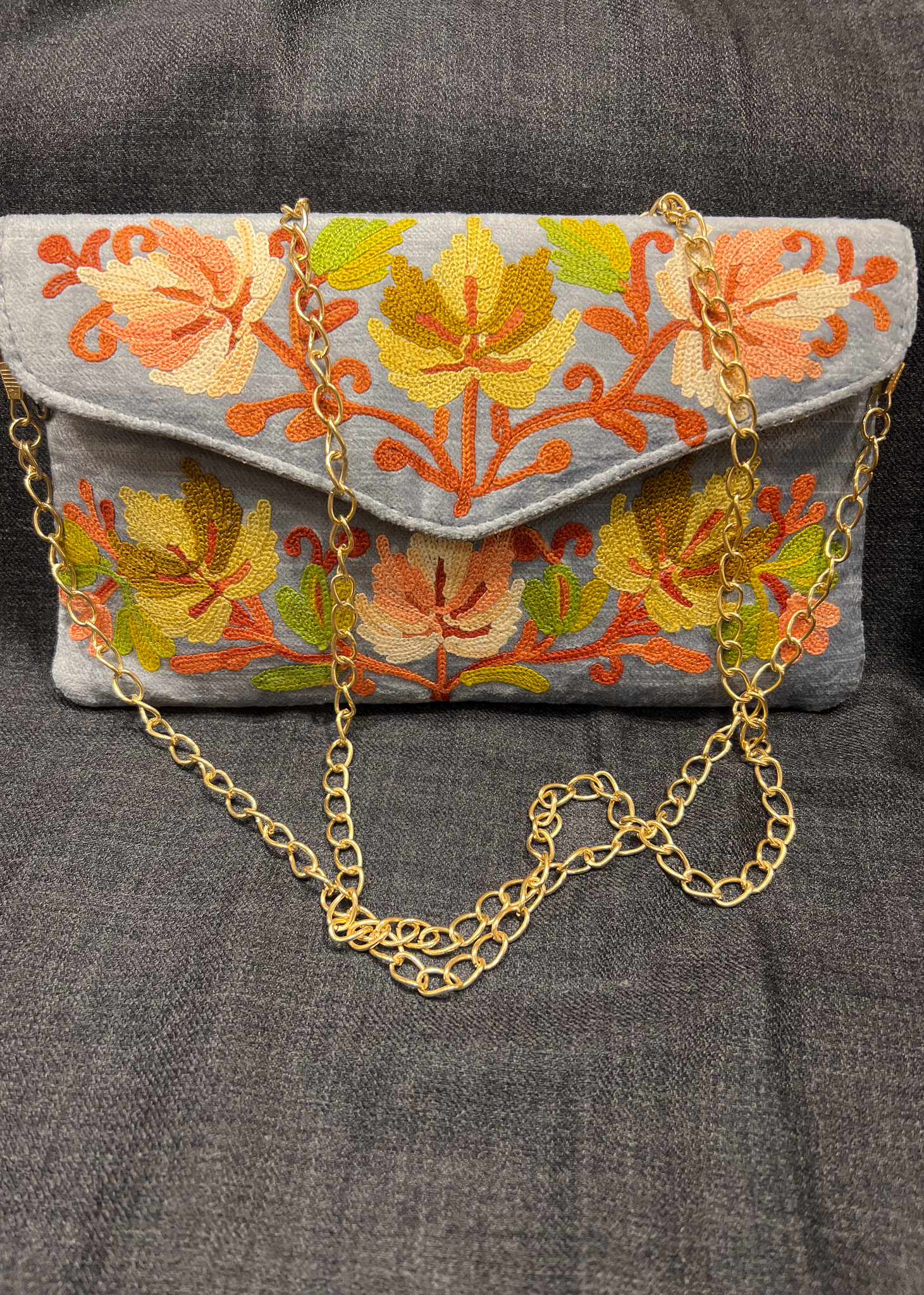 Powder Blue Kashmiri Velvet Aari Embroidered Clutch Bag