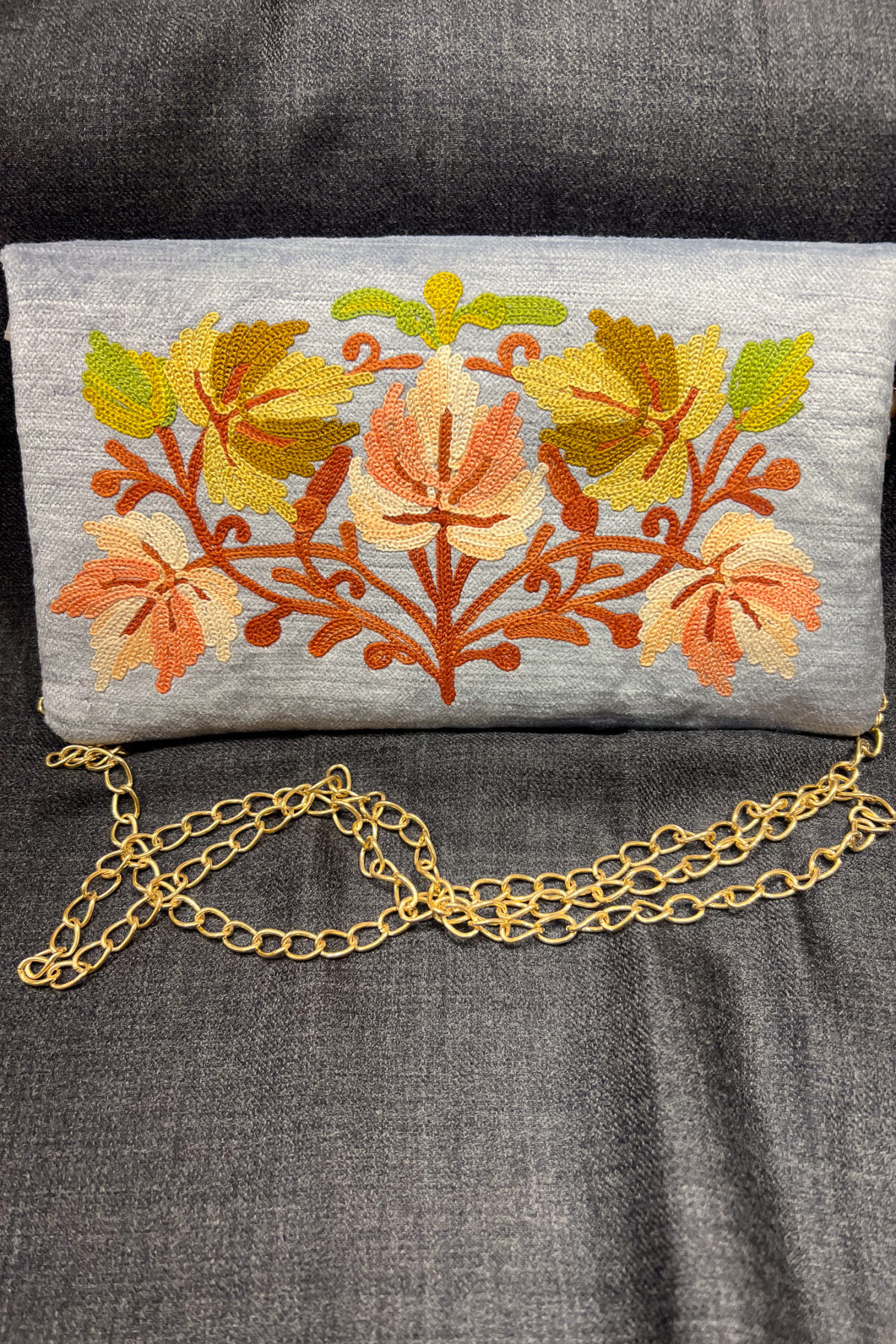 Powder Blue Kashmiri Velvet Aari Embroidered Clutch Bag