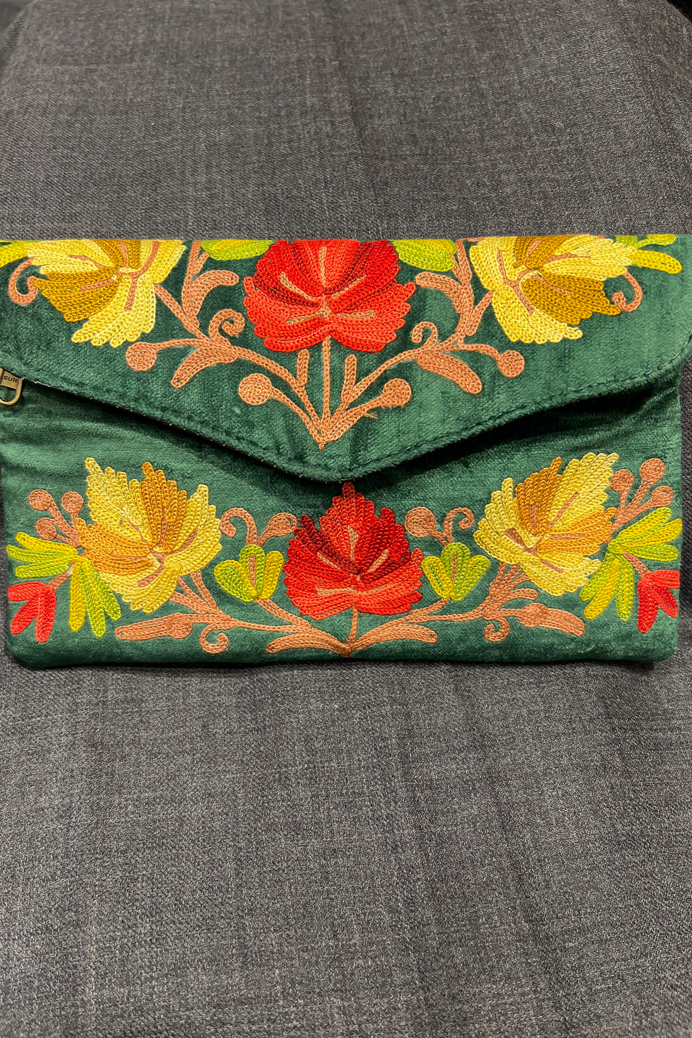 Bottle Green Velvet Aari Embroidered Clutch Bag