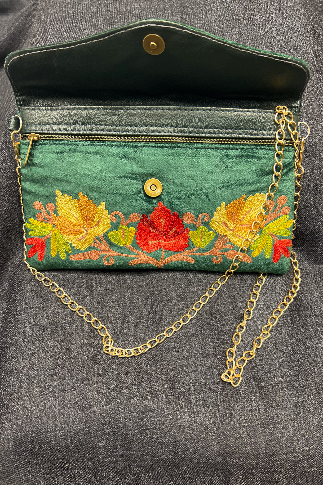 Bottle Green Velvet Aari Embroidered Clutch Bag