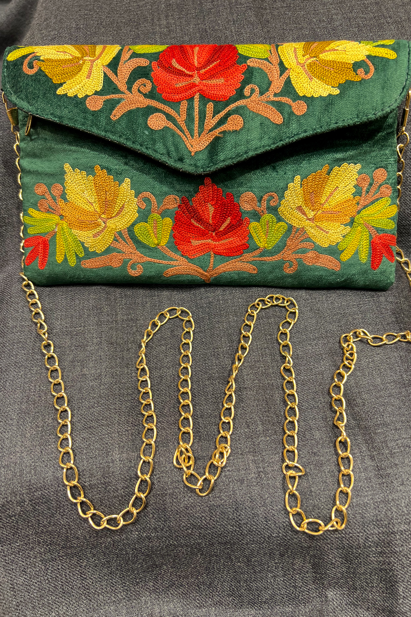 Bottle Green Velvet Aari Embroidered Clutch Bag