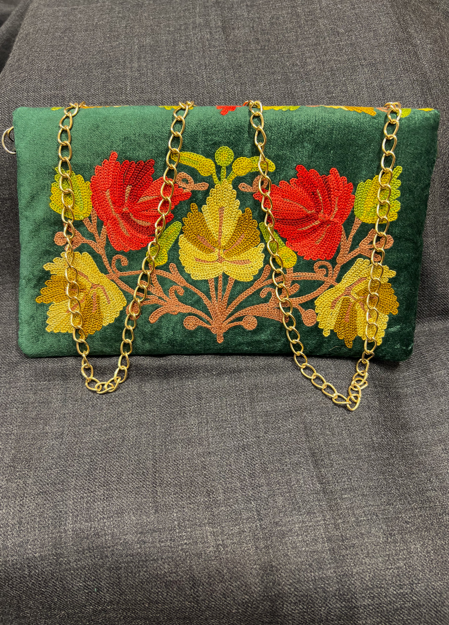 Bottle Green Velvet Aari Embroidered Clutch Bag