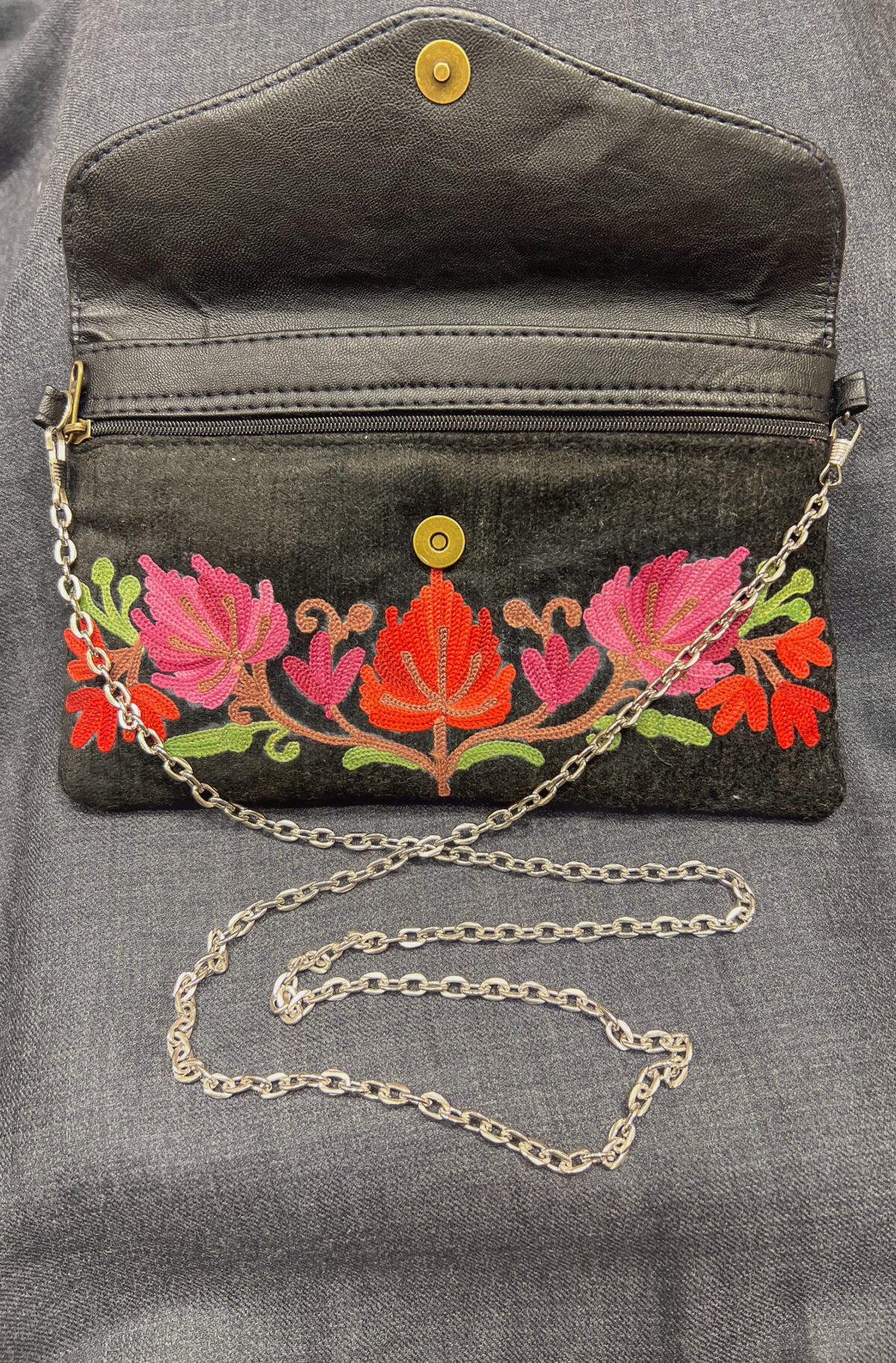 Black Kashmiri Velvet Aari Embroidered Clutch Bag