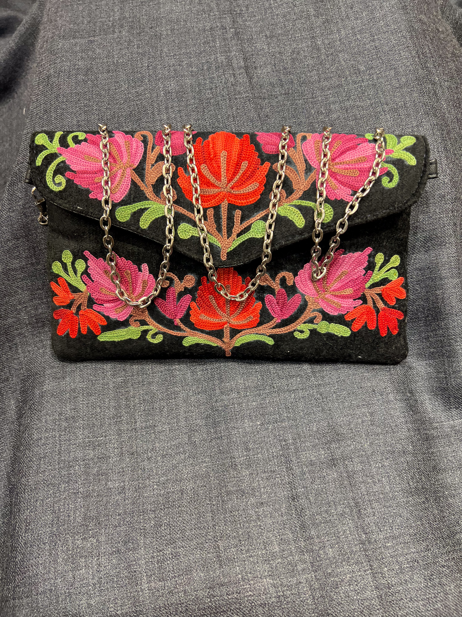 Black Kashmiri Velvet Aari Embroidered Clutch Bag