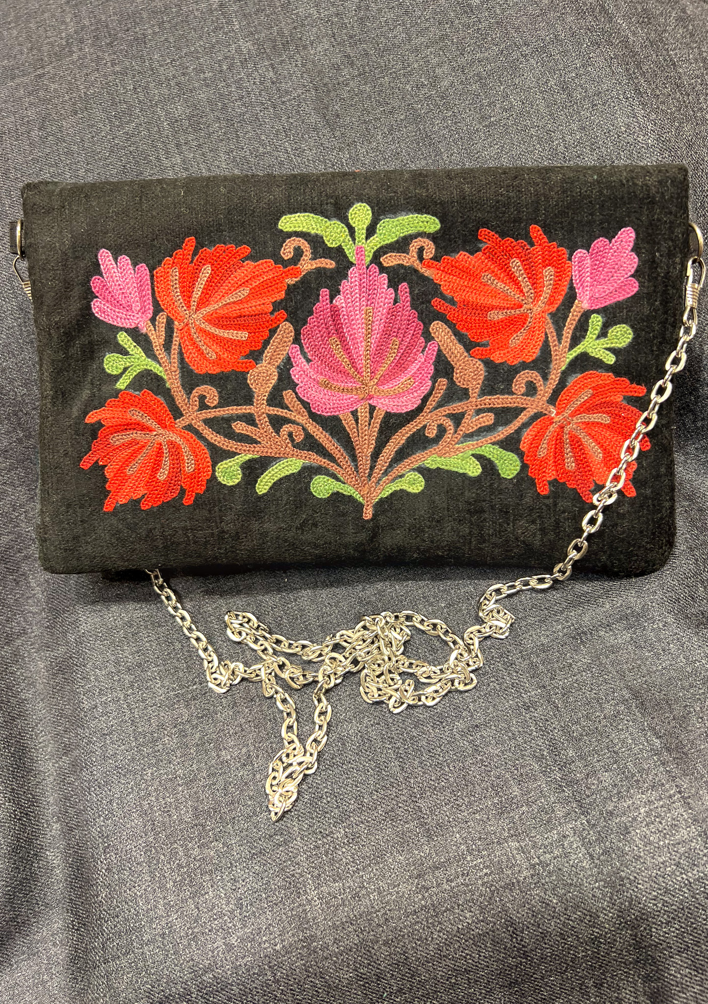 Black Kashmiri Velvet Aari Embroidered Clutch Bag