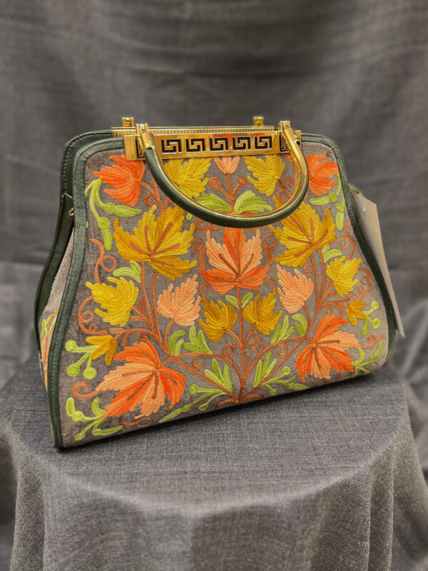 Women Grey Hand Bag with Kashmiri Aari Embroidery