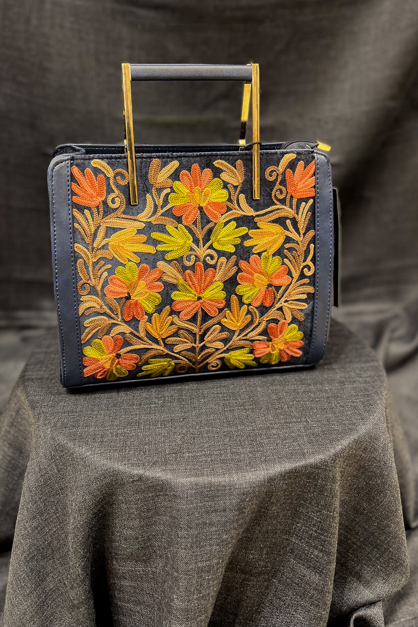 Grey Women Hand Bag with Kashmiri Aari Embroidery