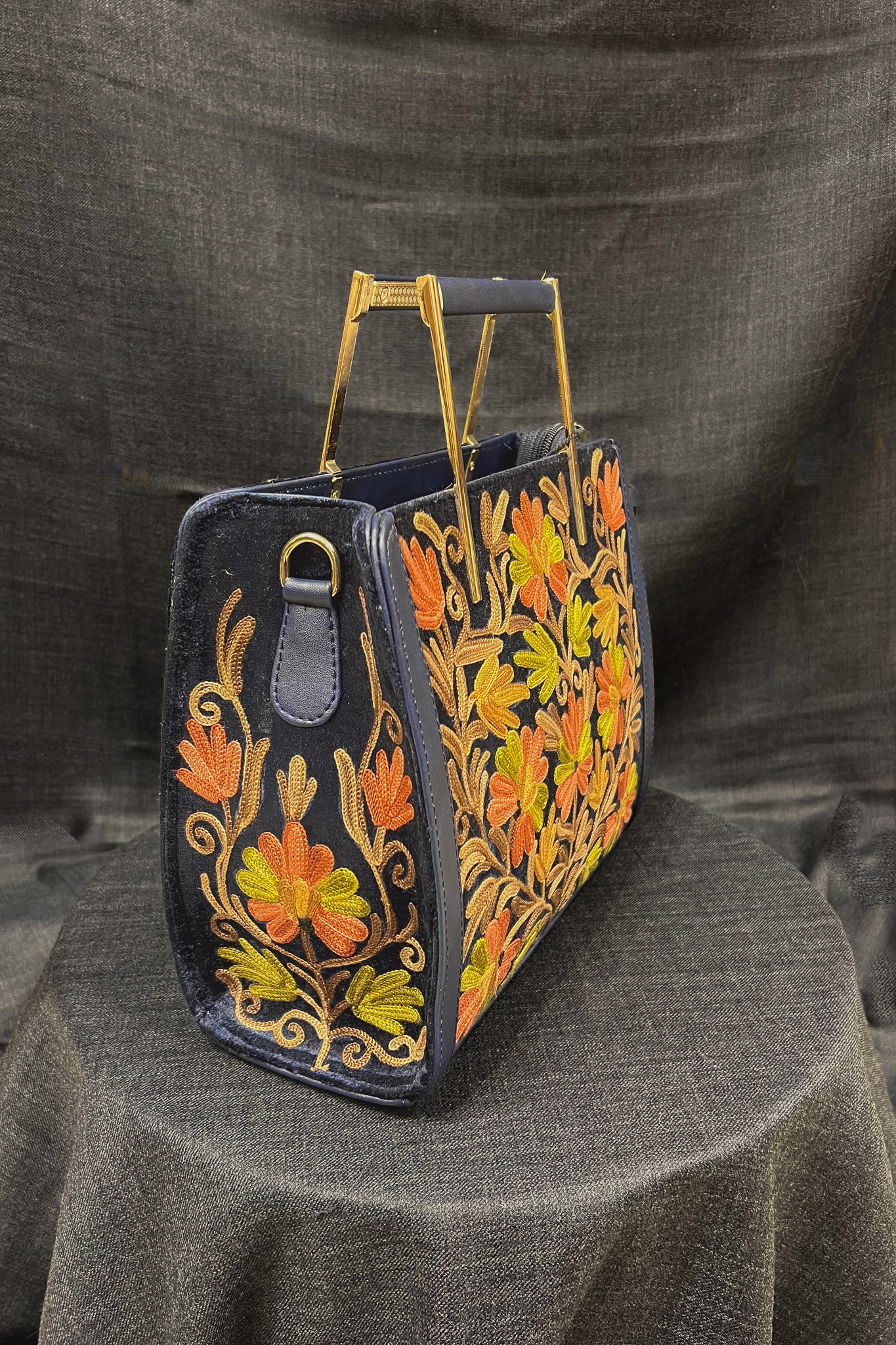 Grey Women Hand Bag with Kashmiri Aari Embroidery