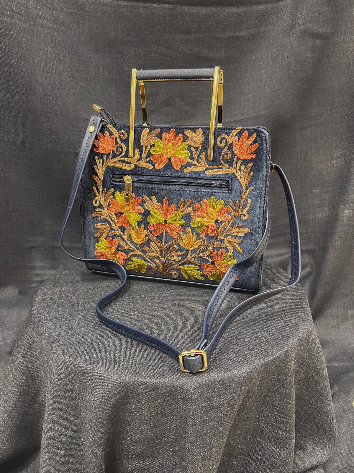 Grey Women Hand Bag with Kashmiri Aari Embroidery