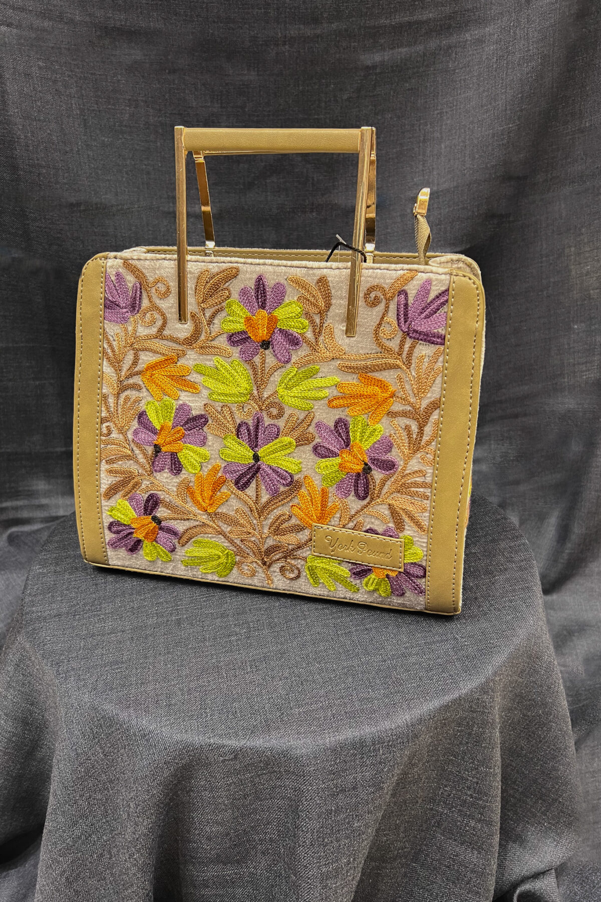 Beige Women Hand Bag with Kashmiri Aari Embroidery