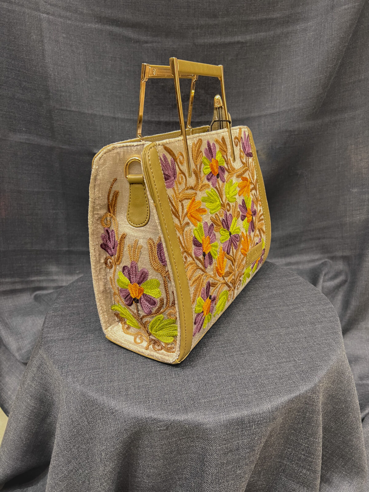 Beige Women Hand Bag with Kashmiri Aari Embroidery