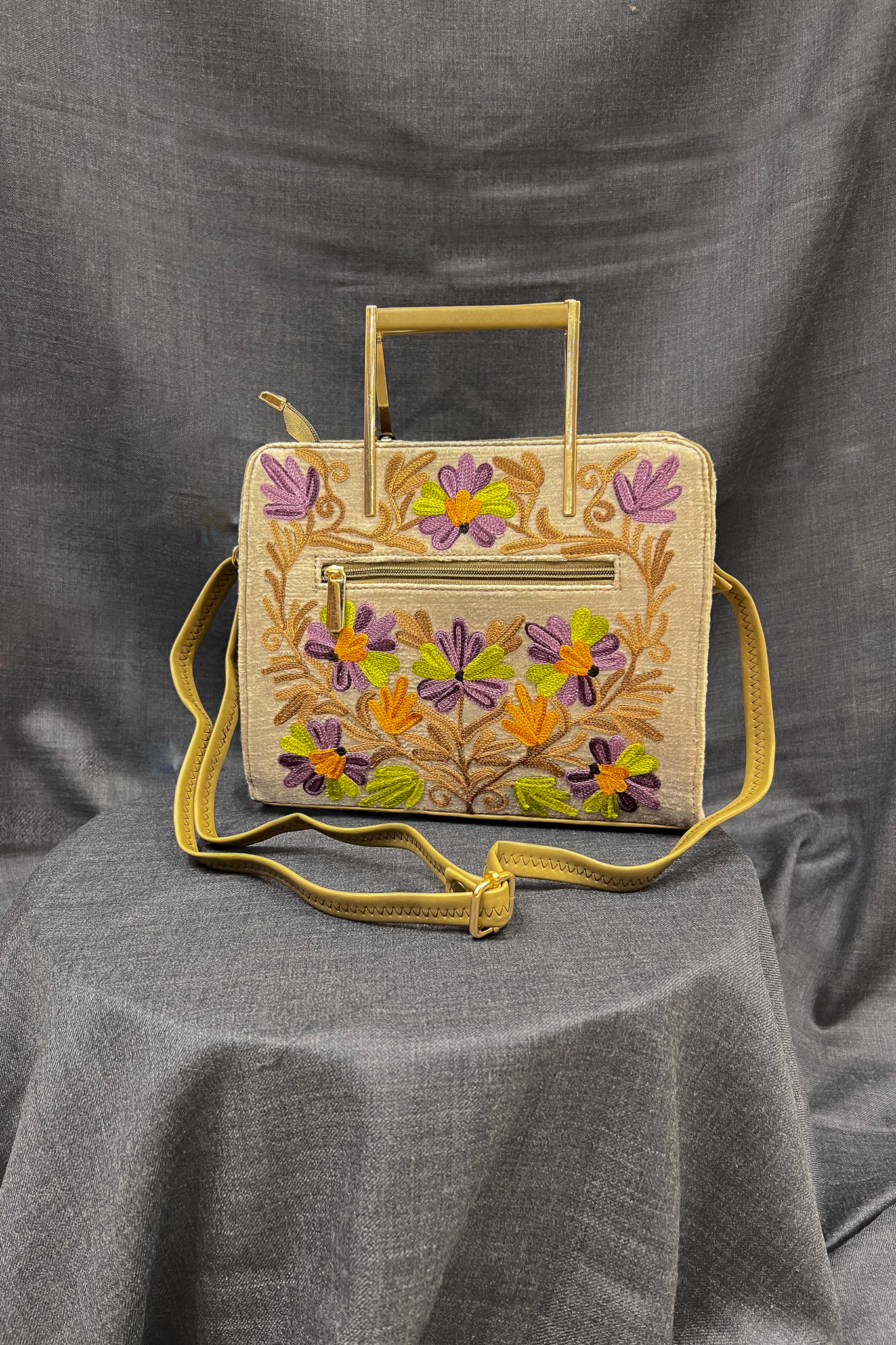 Beige Women Hand Bag with Kashmiri Aari Embroidery