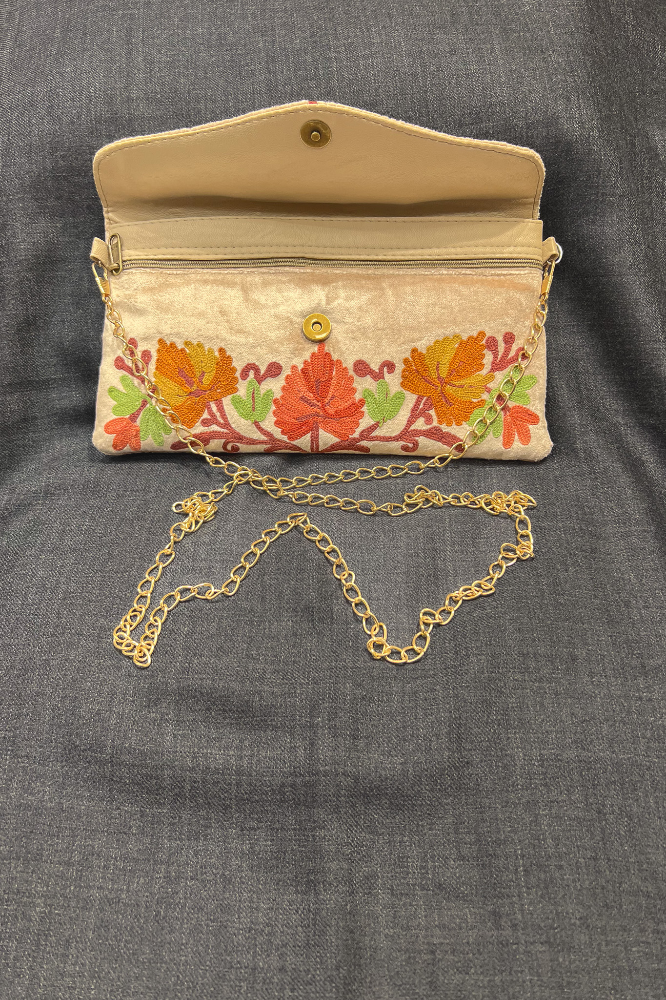 Cream Kashmiri Velvet Aari Embroidered Women Clutch Bag