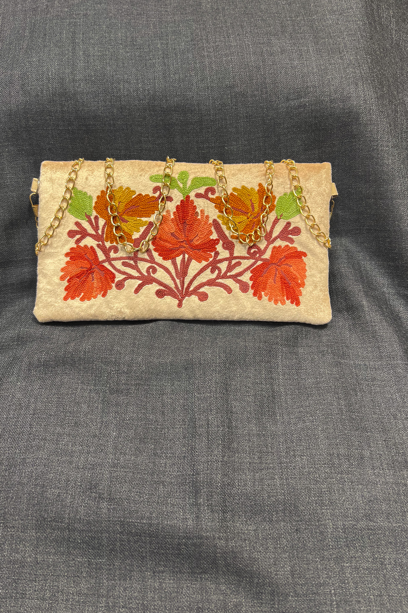 Cream Kashmiri Velvet Aari Embroidered Women Clutch Bag