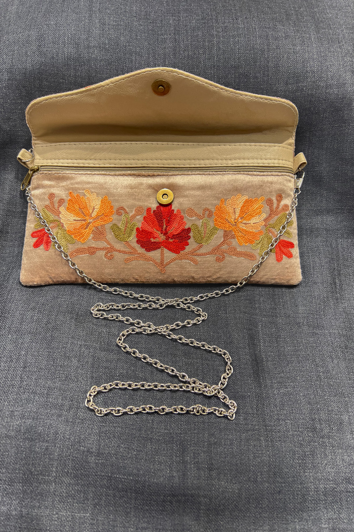 Beige Kashmiri Velvet Aari Embroidered Women Clutch Bag