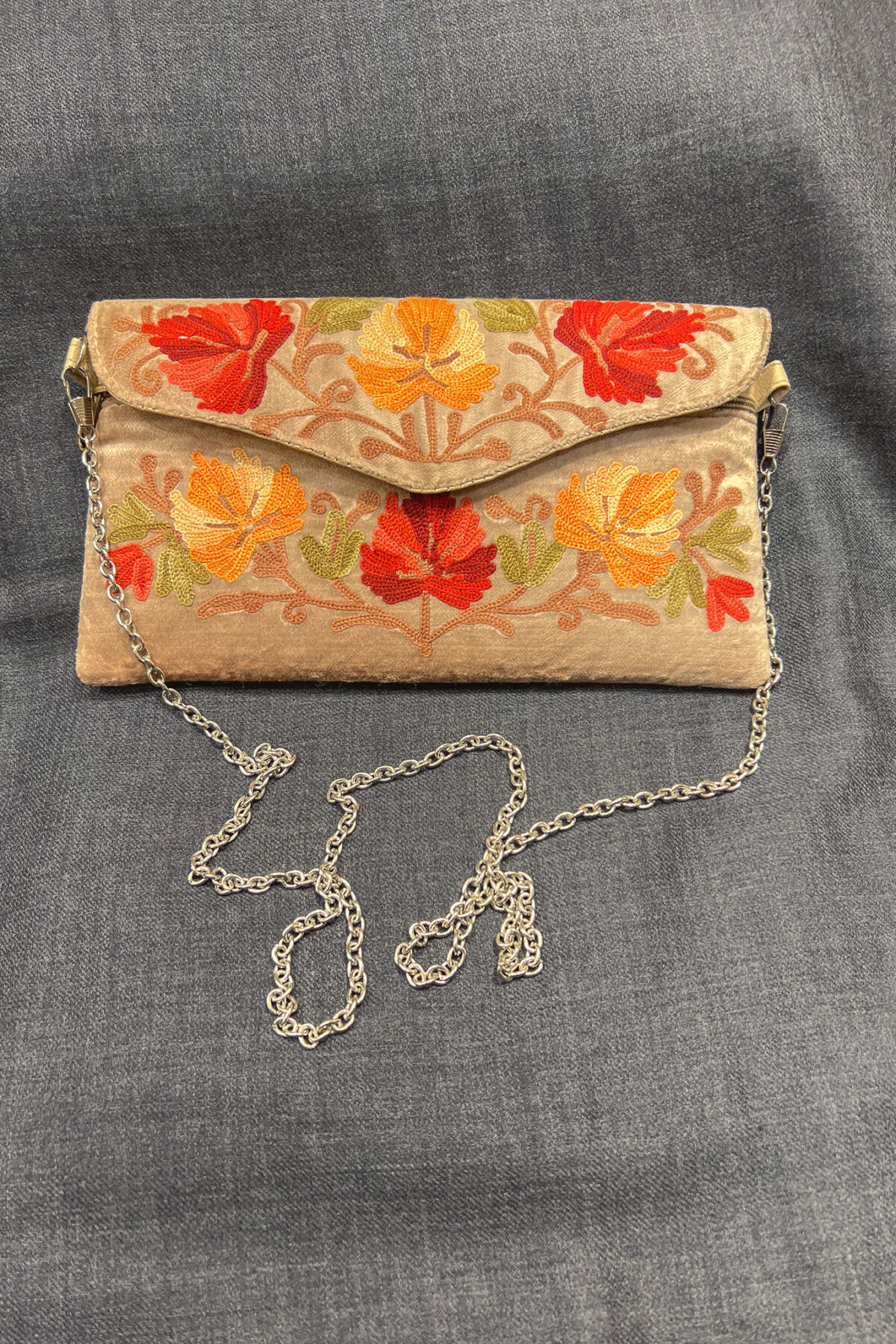 Beige Kashmiri Velvet Aari Embroidered Women Clutch Bag