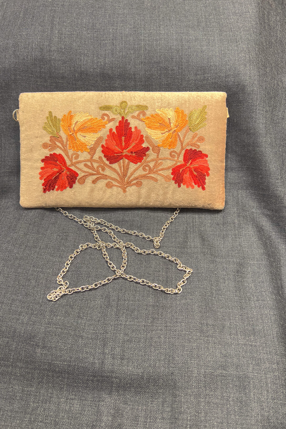 Beige Kashmiri Velvet Aari Embroidered Women Clutch Bag