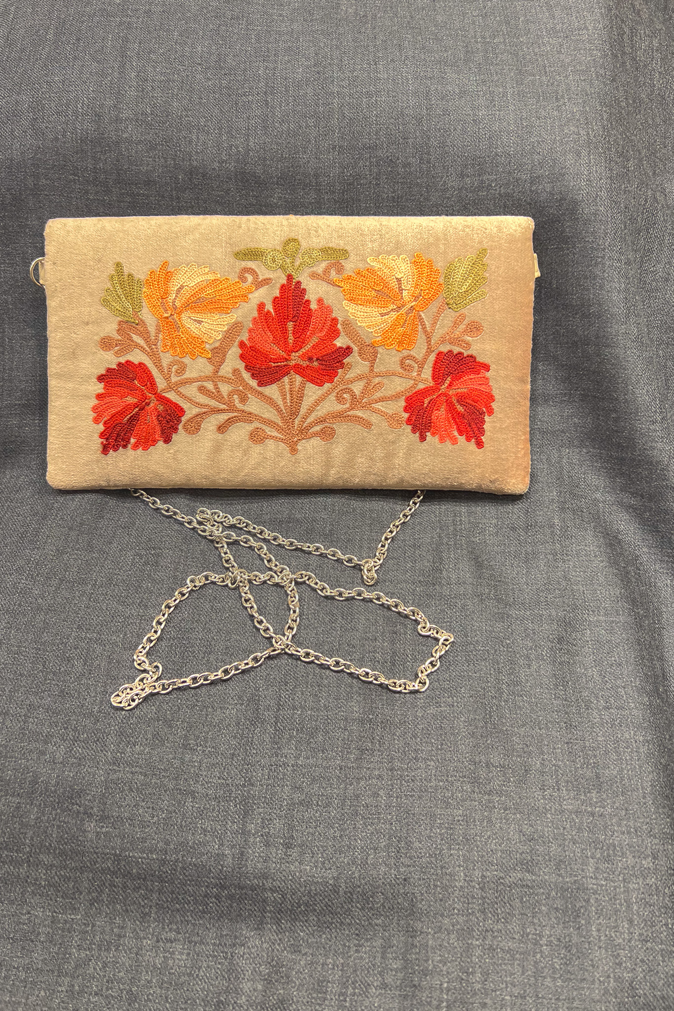 Beige Kashmiri Velvet Aari Embroidered Women Clutch Bag