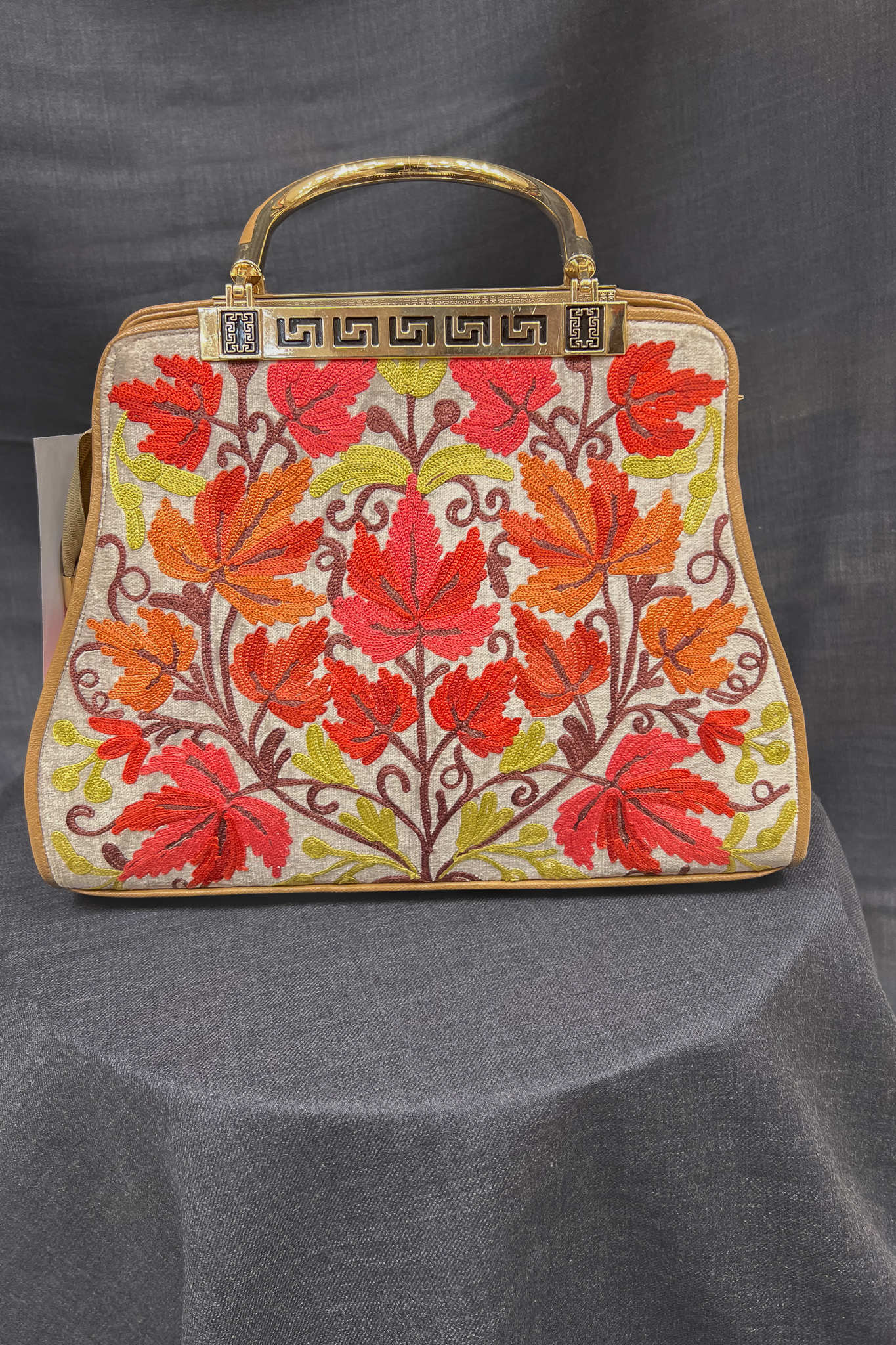 Off-White Women Hand Bag with Kashmiri Aari Embroidery