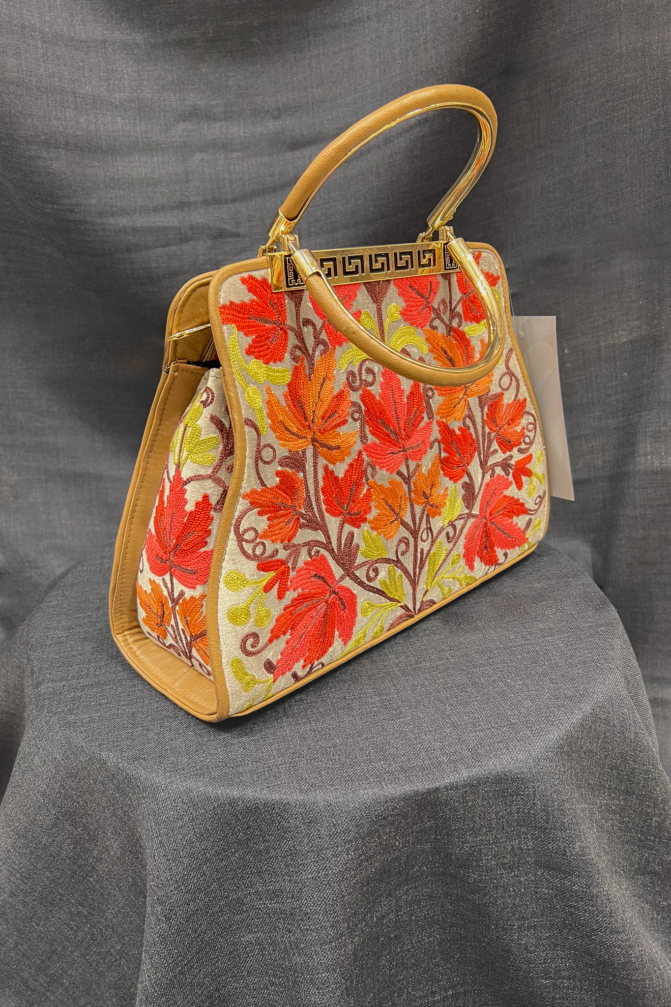 Off-White Women Hand Bag with Kashmiri Aari Embroidery