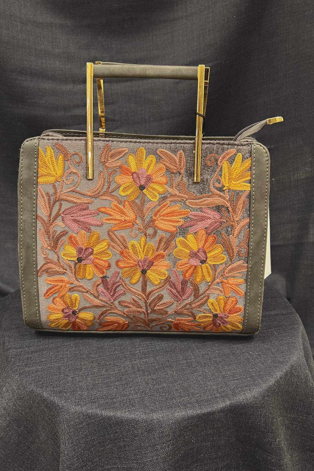 Grey Hand Bag with Kashmiri Aari Embroidery