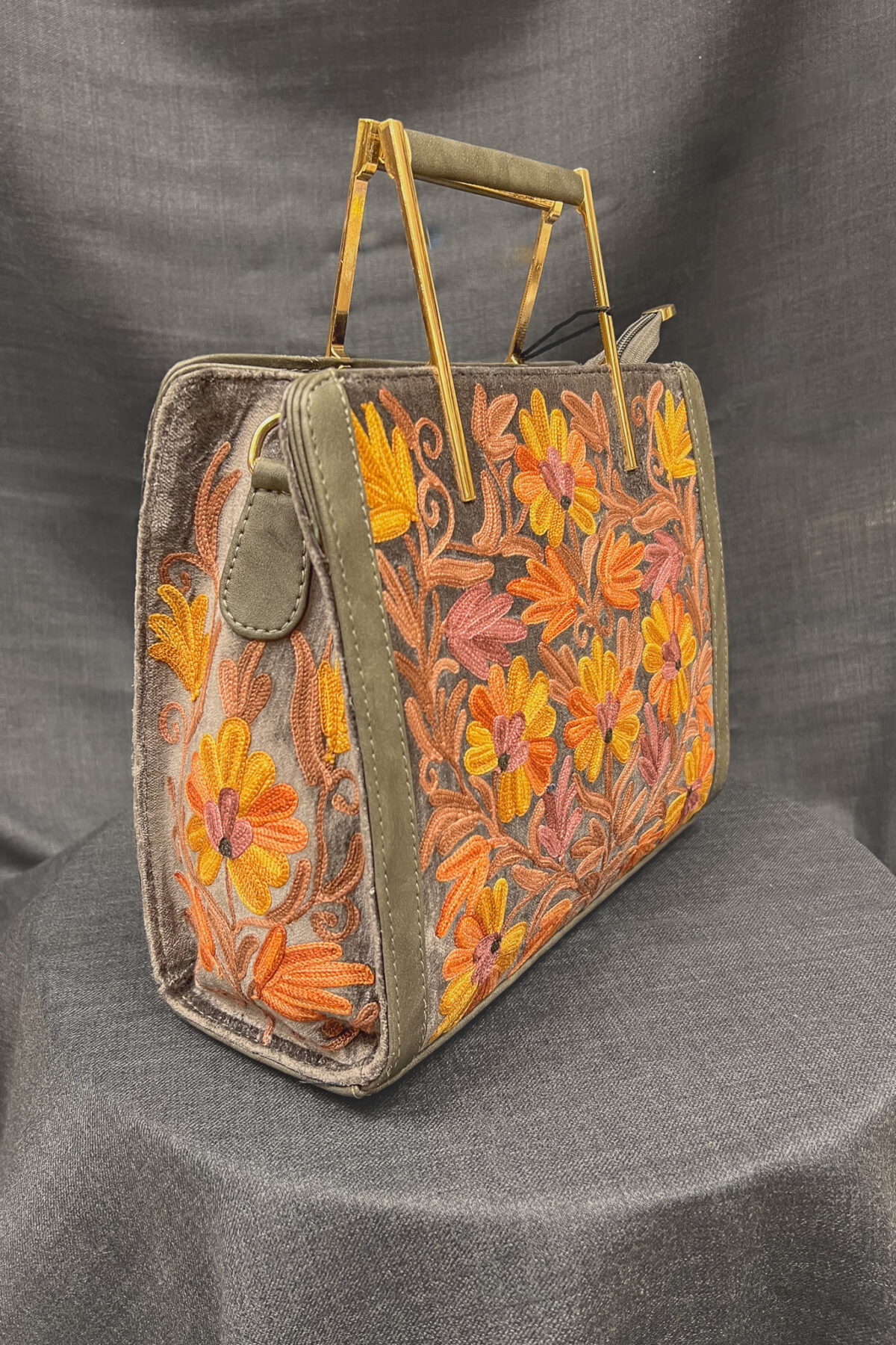 Grey Hand Bag with Kashmiri Aari Embroidery