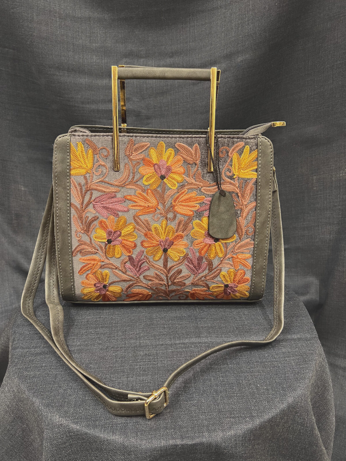 Grey Hand Bag with Kashmiri Aari Embroidery
