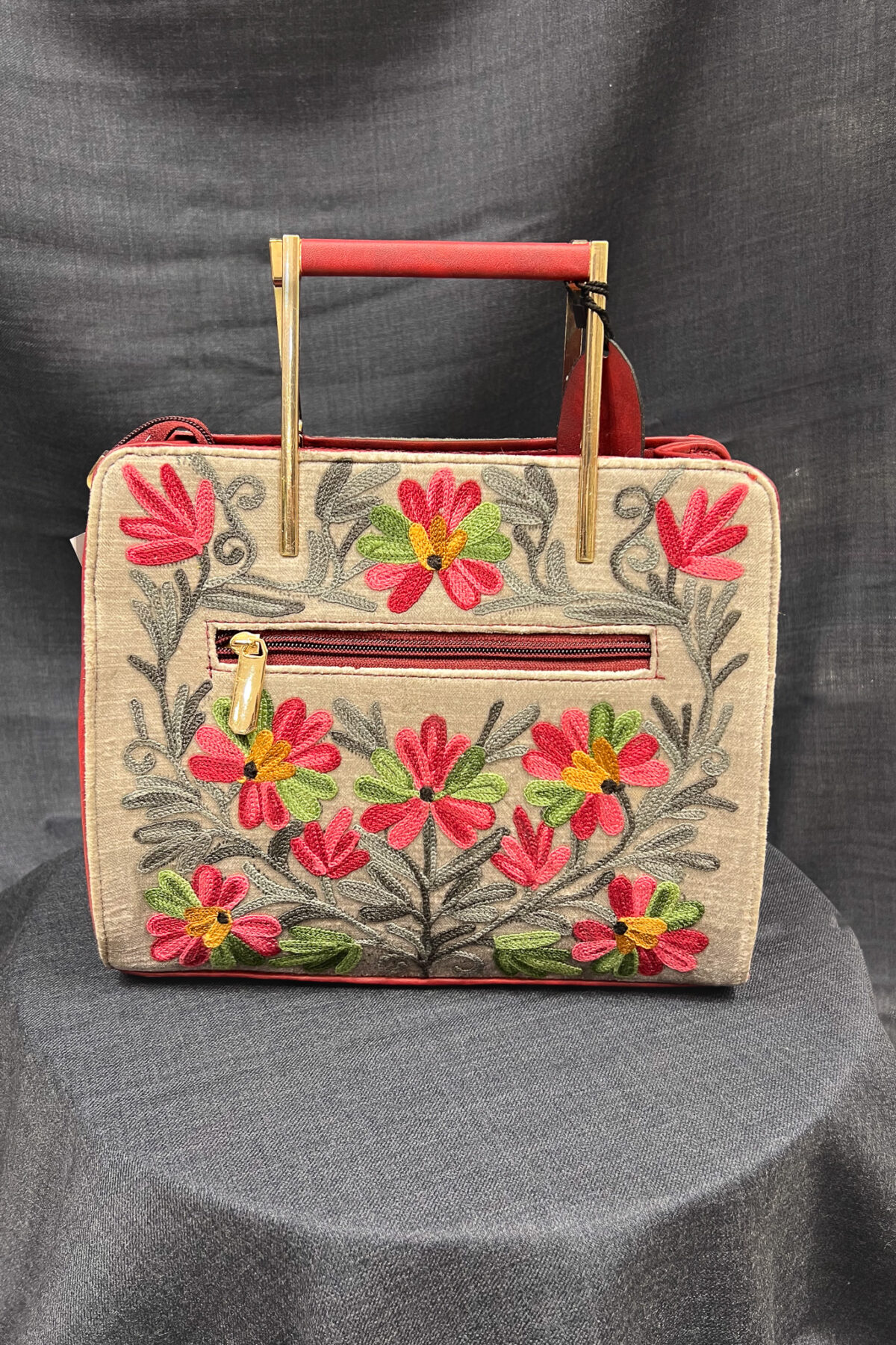 Red Women Hand Bag with Kashmiri Aari Embroidery