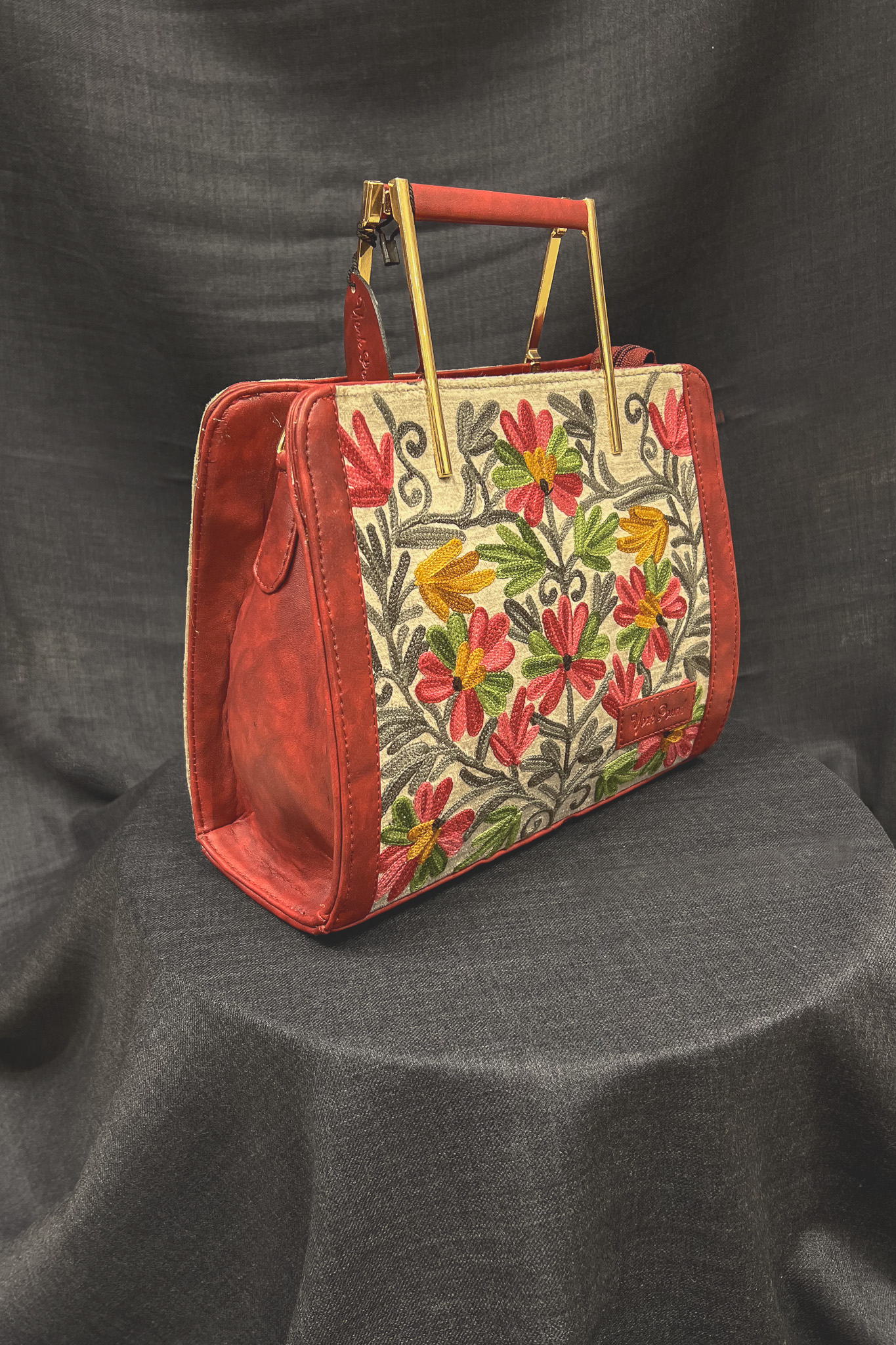 Red Women Hand Bag with Kashmiri Aari Embroidery