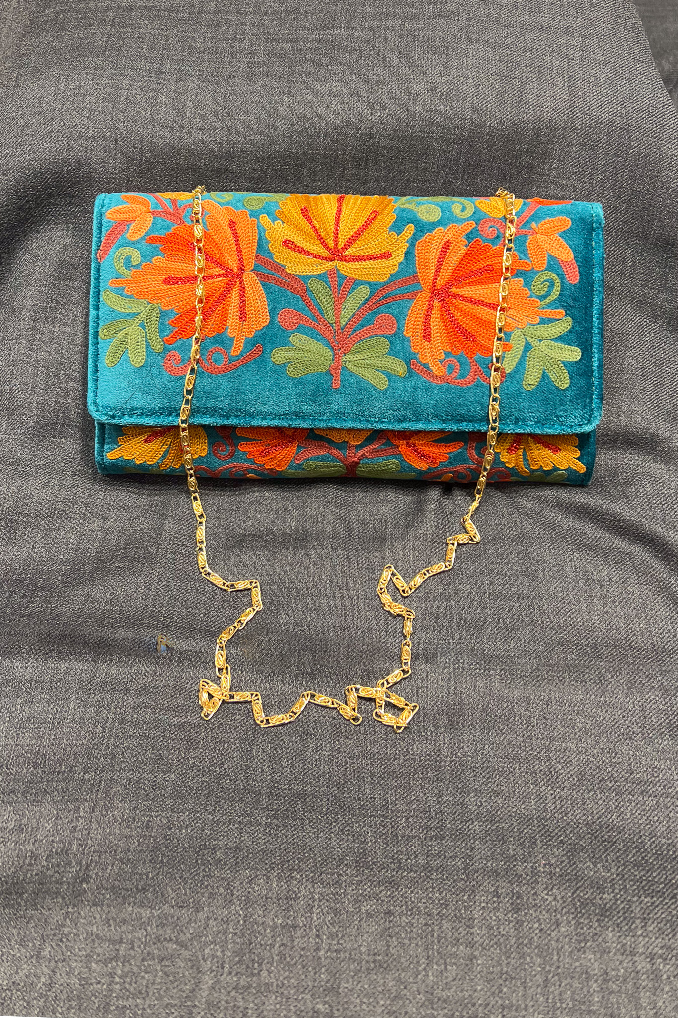 Peacock Blue Velvet Aari Embroidered Kashmiri Clutch Bag