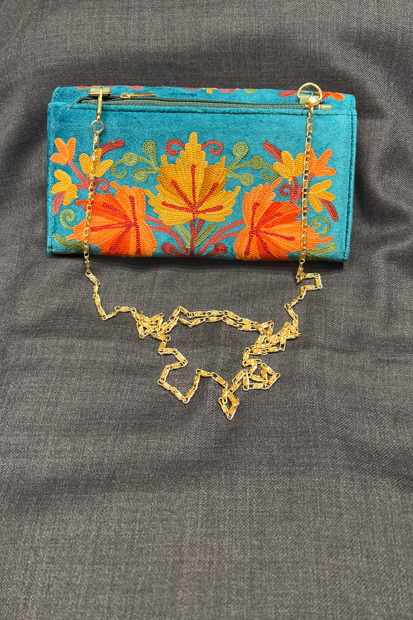 Peacock Blue Velvet Aari Embroidered Kashmiri Clutch Bag