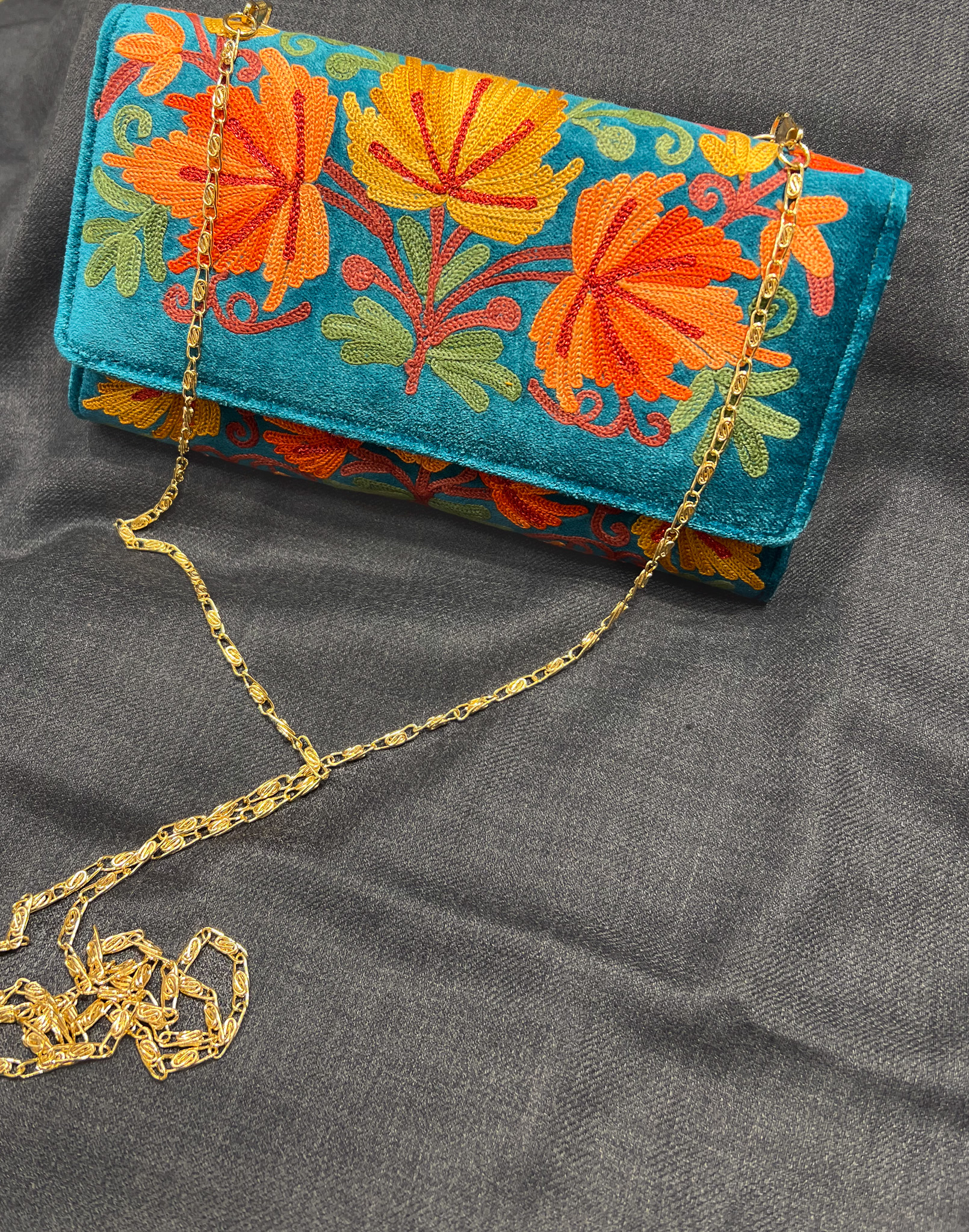 Peacock Blue Velvet Aari Embroidered Kashmiri Clutch Bag