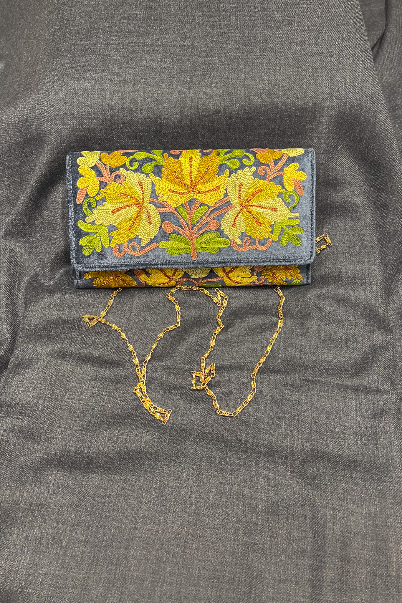Grey Velvet Aari Embroidered Kashmiri Clutch Bag