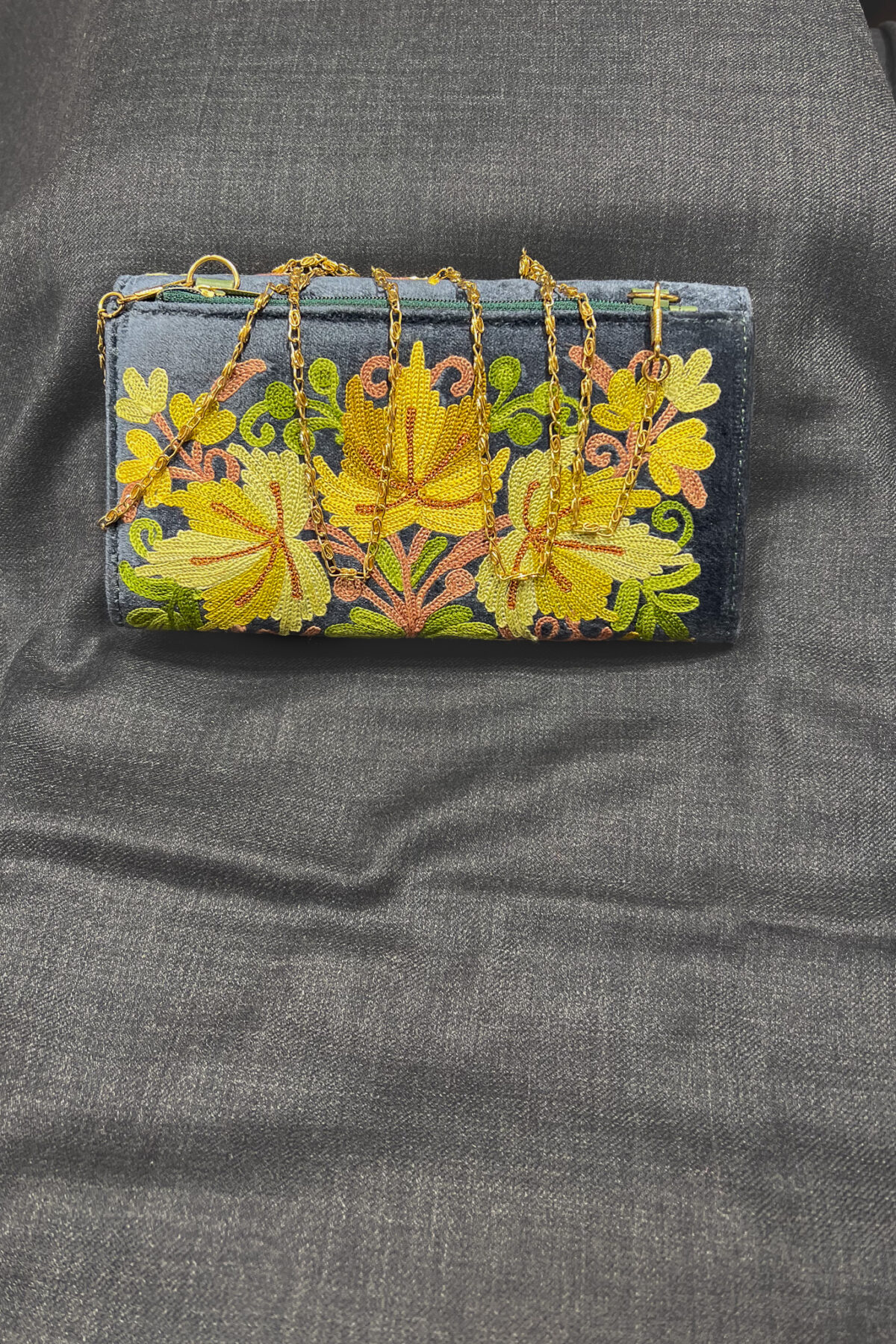 Grey Velvet Aari Embroidered Kashmiri Clutch Bag