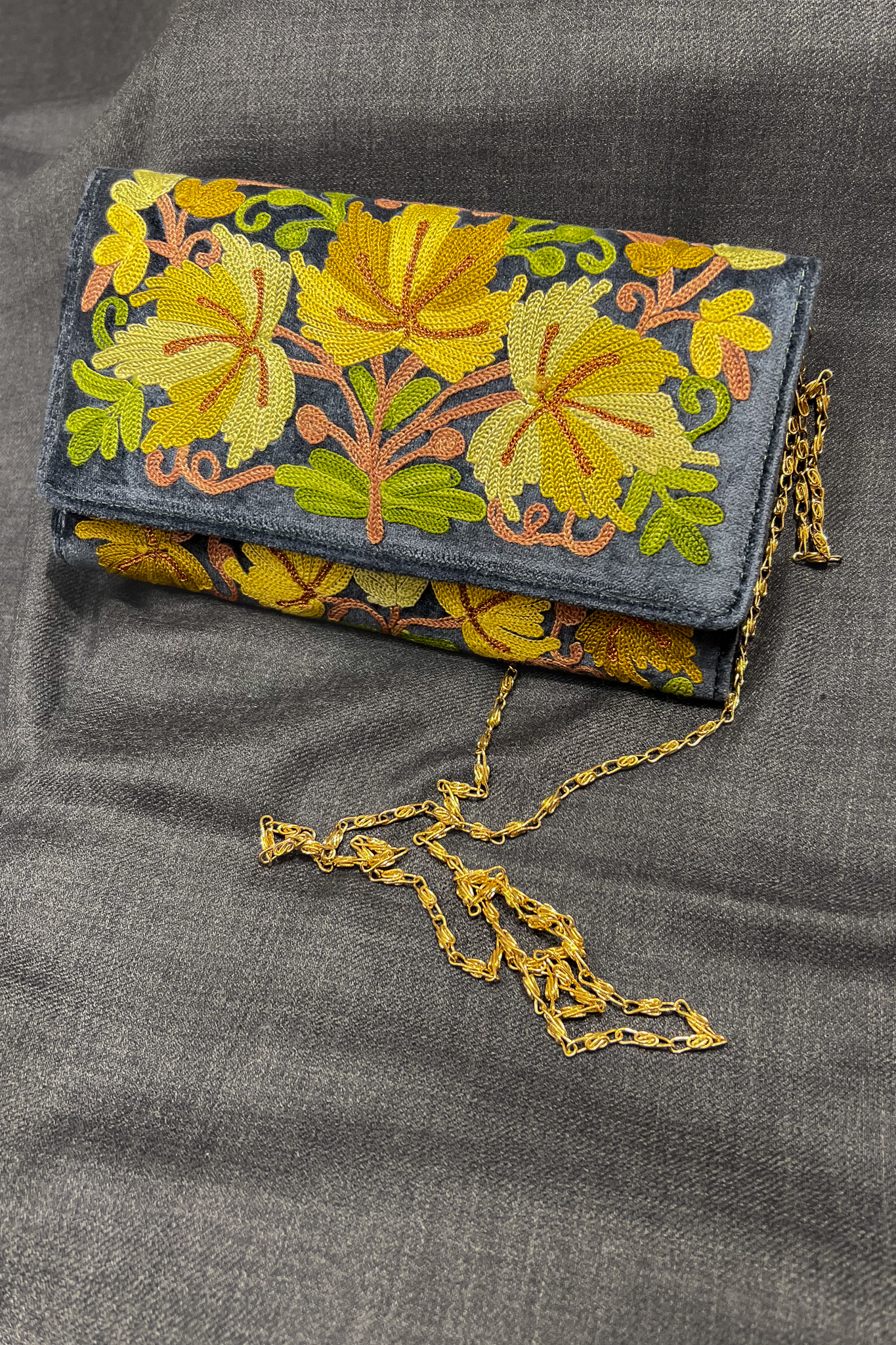 Grey Velvet Aari Embroidered Kashmiri Clutch Bag