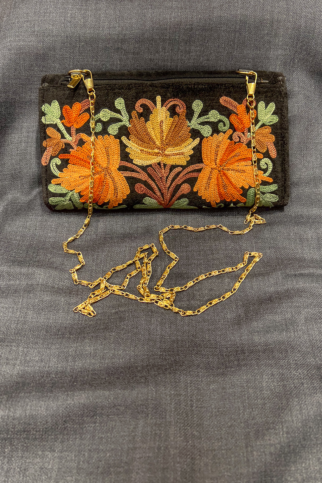 Black Velvet Aari Embroidered Kashmiri Clutch Bag