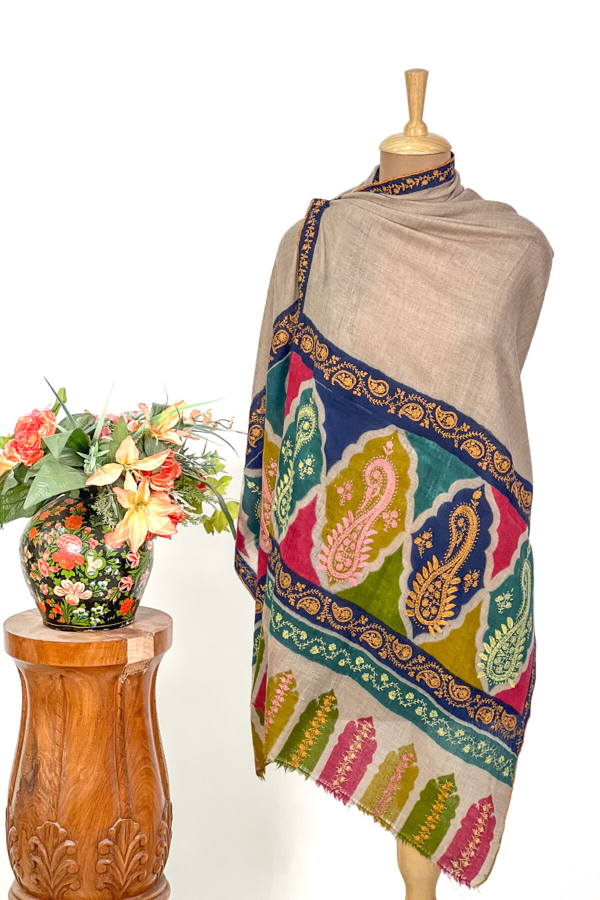 Pure Pashmina Multi-Colour Kalamkari Palla Hand Embroidery Shawl