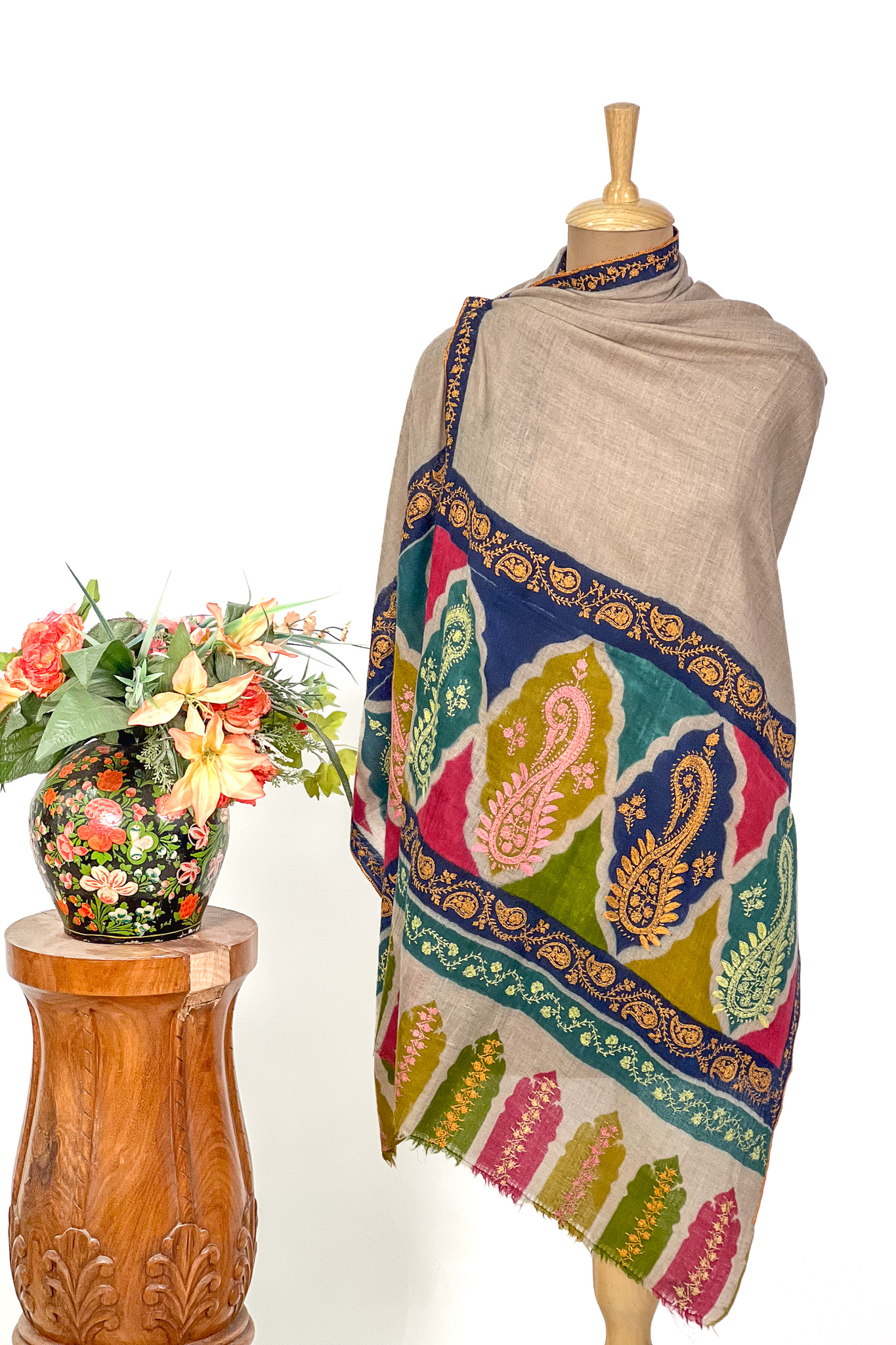 Pure Pashmina Multi-Colour Kalamkari Palla Hand Embroidery Shawl