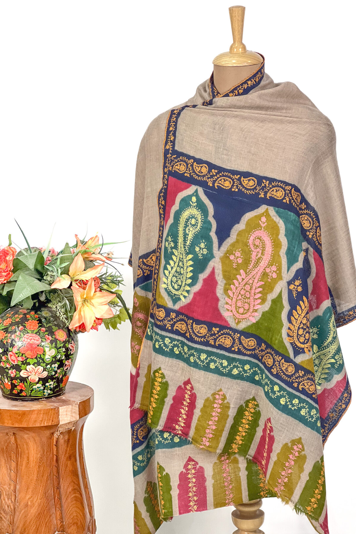 Pure Pashmina Multi-Colour Kalamkari Palla Hand Embroidery Shawl