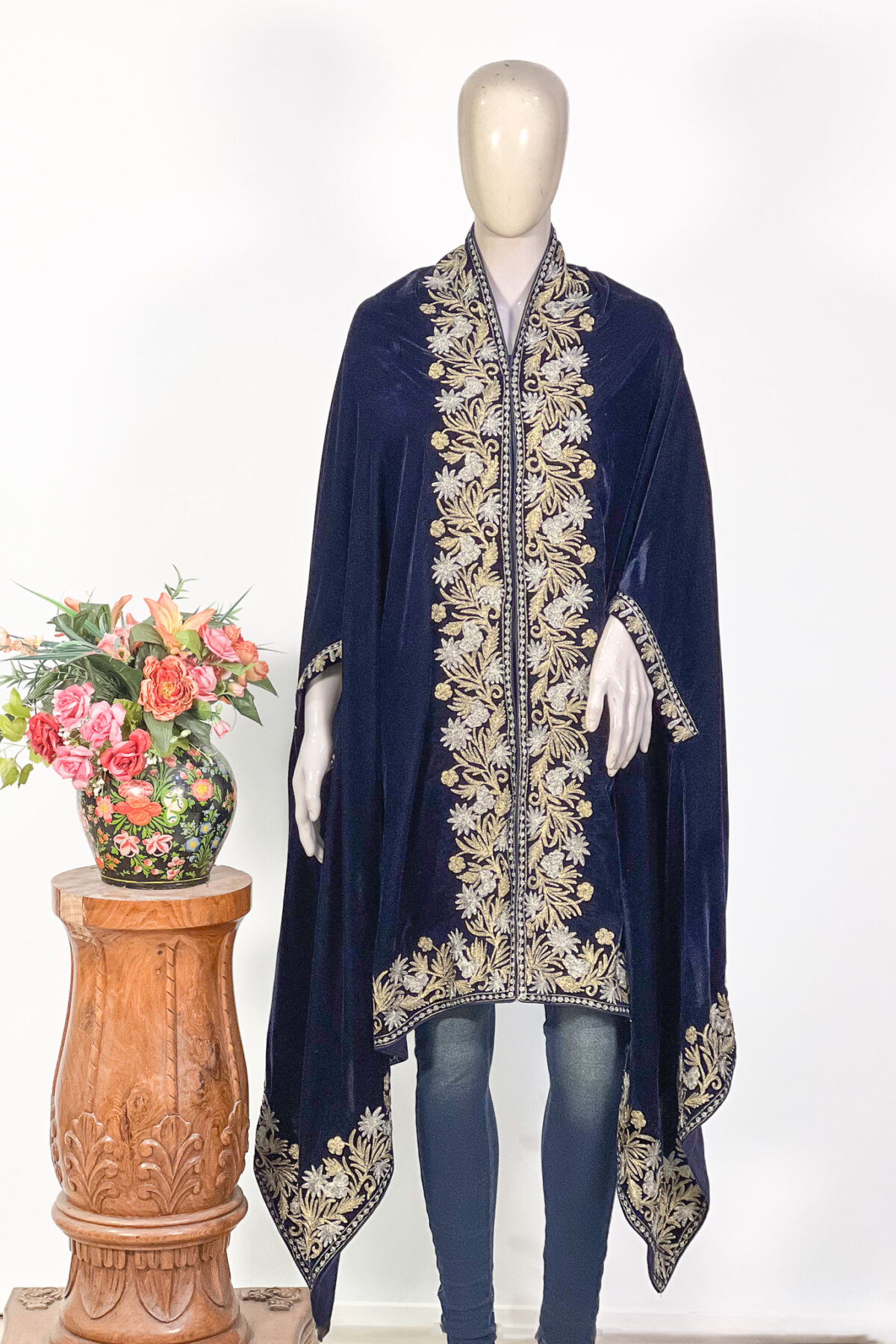 Navy Blue Velvet Women Cape Shawl with Kashmiri Tilla Embroidery