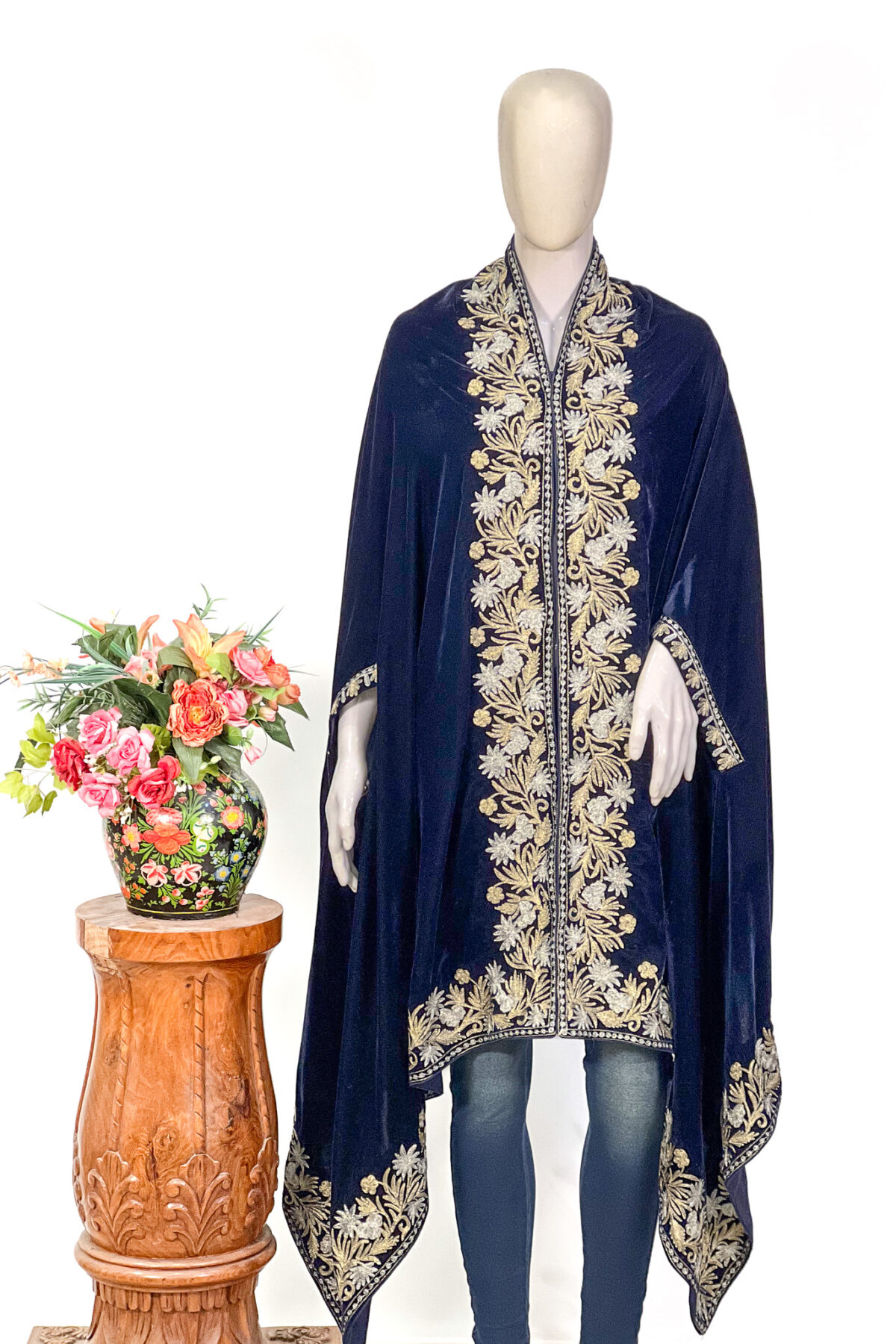 Navy Blue Velvet Women Cape Shawl with Kashmiri Tilla Embroidery